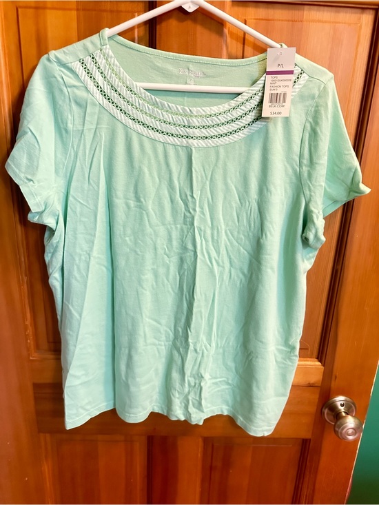 Kim Rogers Tops - Kim Rogers Mint Short-Sleeve Scoop Neck Top with Embroidered Yoke